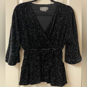 Anthropologie Black Velvet Burnout Textured Faux Wrap Blouse Size XS